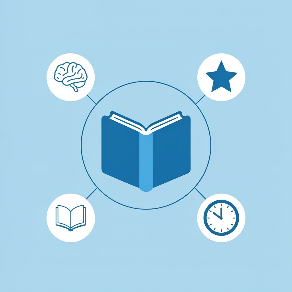 Central book icon connected to three benefits: early reading skills, longer attention span, and better language understanding