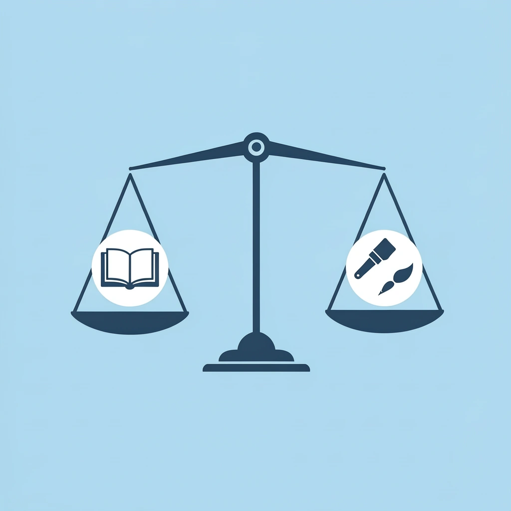 Balance scale showing story structure on one side and pictures/images on the other side
