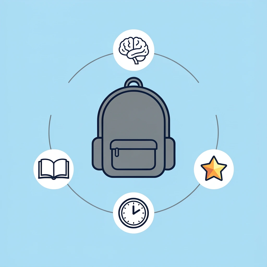 Central backpack icon connected to five surrounding benefits: responsibility, independence, executive function, confidence, and self-care skills