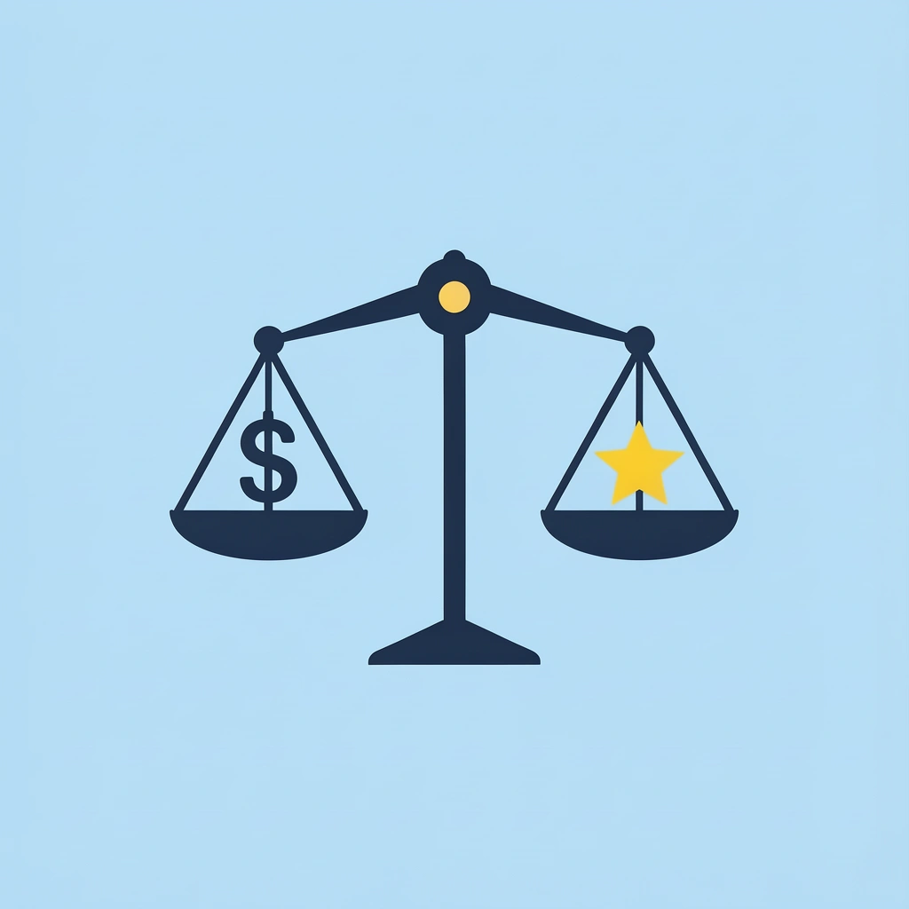 Balance scale showing affordable price on one side and quality features on the other, illustrating that online backpacks don't require sacrificing quality for affordability
