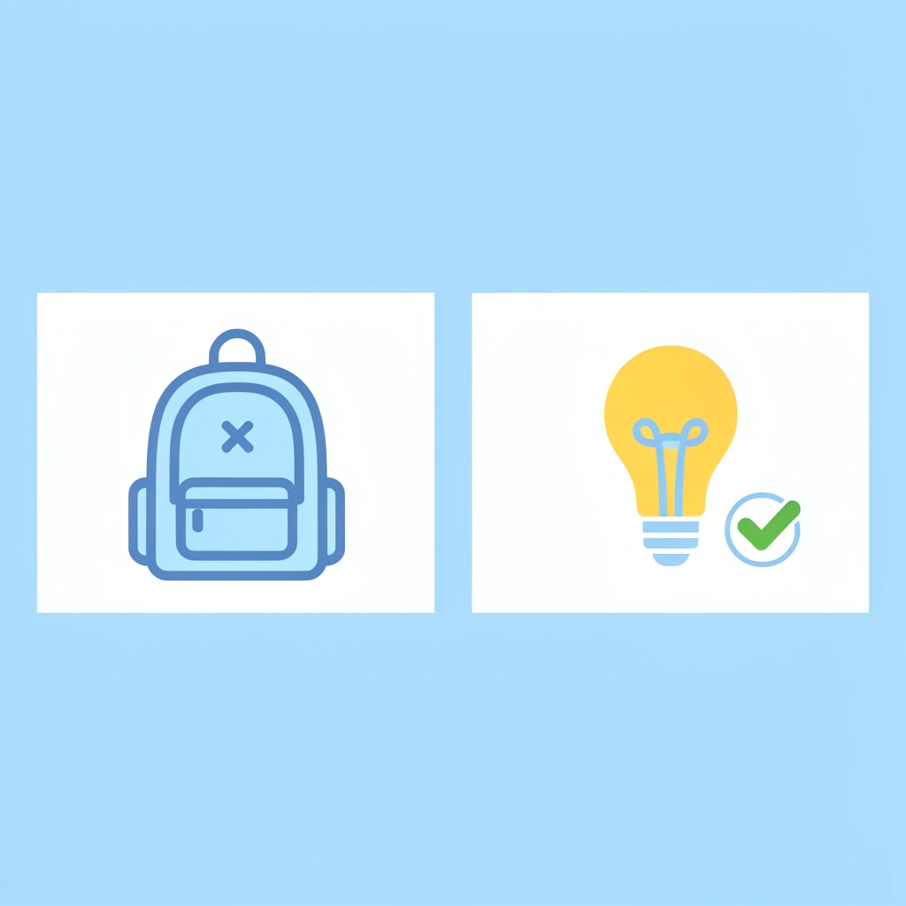 Before: empty backpack; After: backpack with personalized worksheets as a learning tool