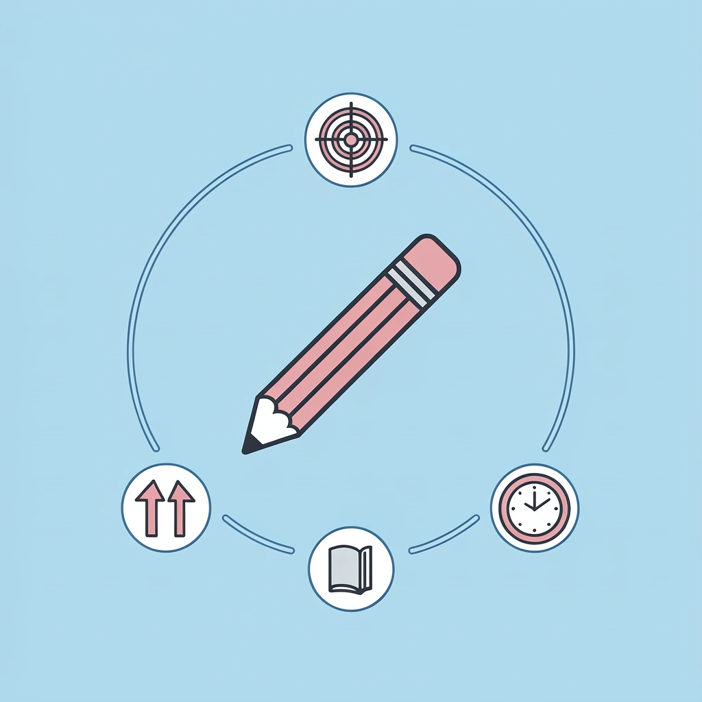 Central coloring page icon connected to four surrounding benefits: writing readiness, focus, hand strength, and letter formation