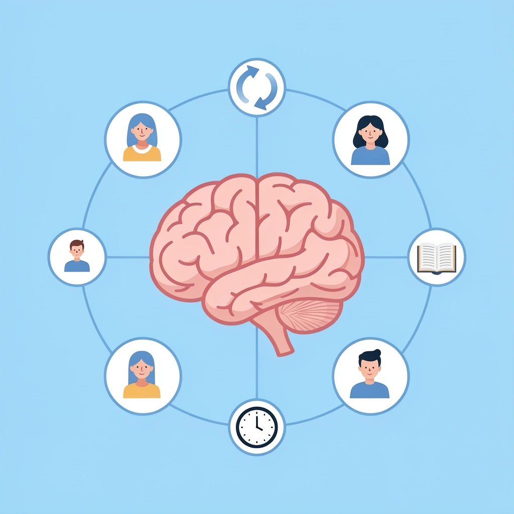 Central activity icon connected to physical development, cognitive growth, and social skills