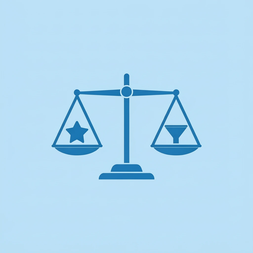 Balance scale comparing quality on one side versus quantity on the other
