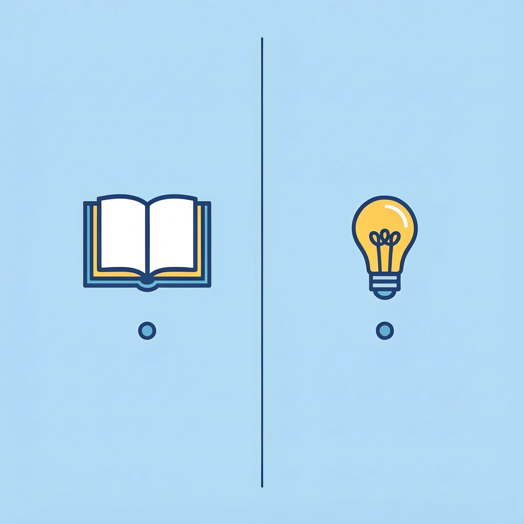 Left side shows textbooks and tests with an X mark; right side shows exploration and play with a checkmark