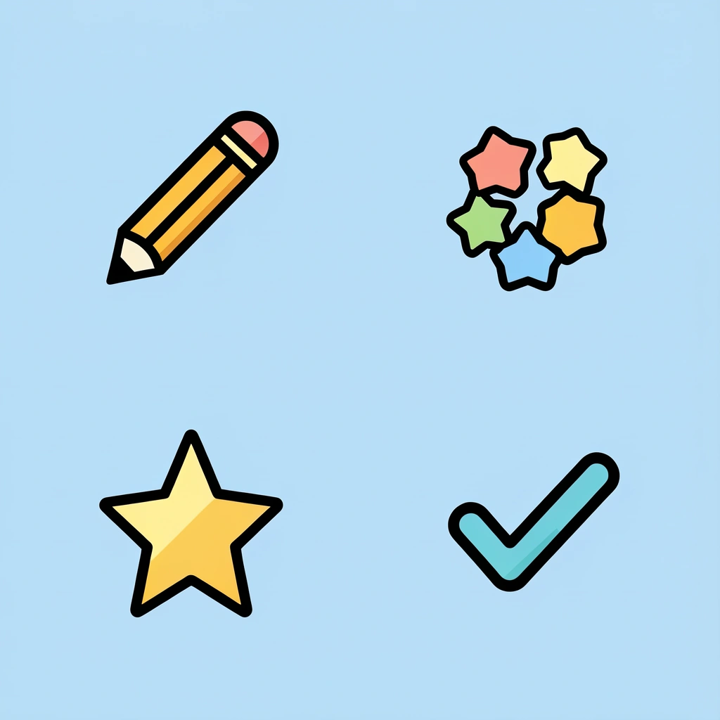 Four icons representing letters, numbers, shapes, and daily routines that can be learned through coloring activities