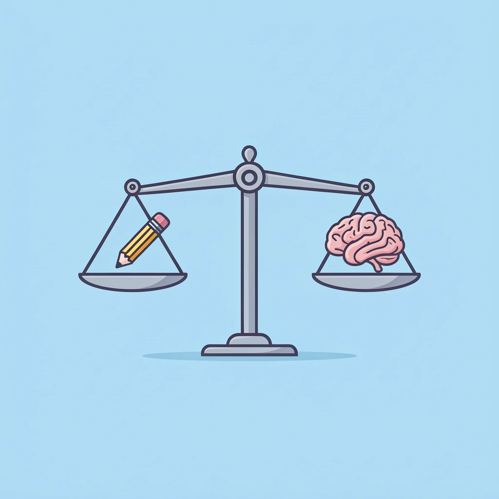 Balance scale with educational value on one side and age-appropriate design on the other, showing the equilibrium needed for effective worksheets