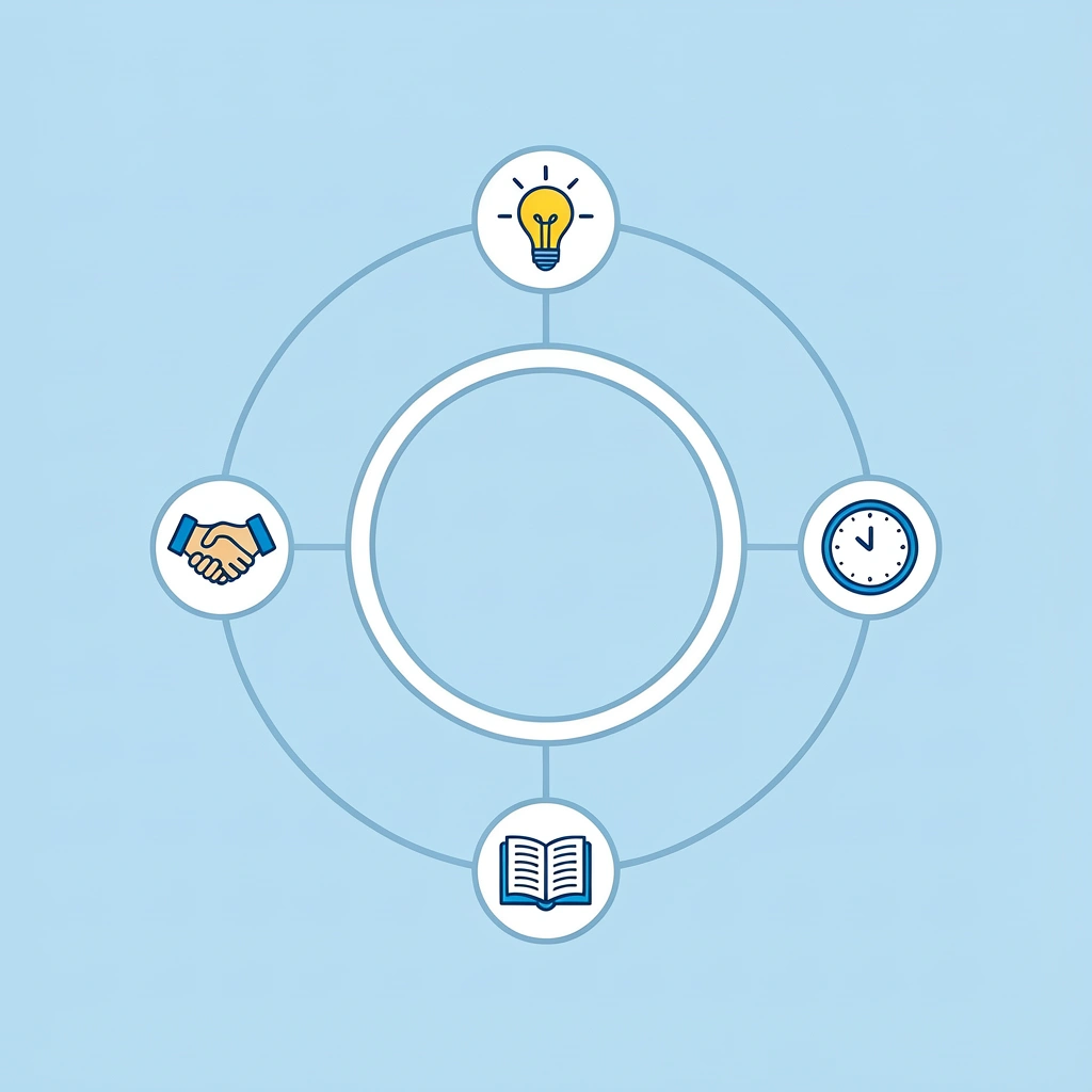 Central spring bulletin board icon connected to four surrounding icons representing observation skills, creative expression, collaborative learning, and student engagement