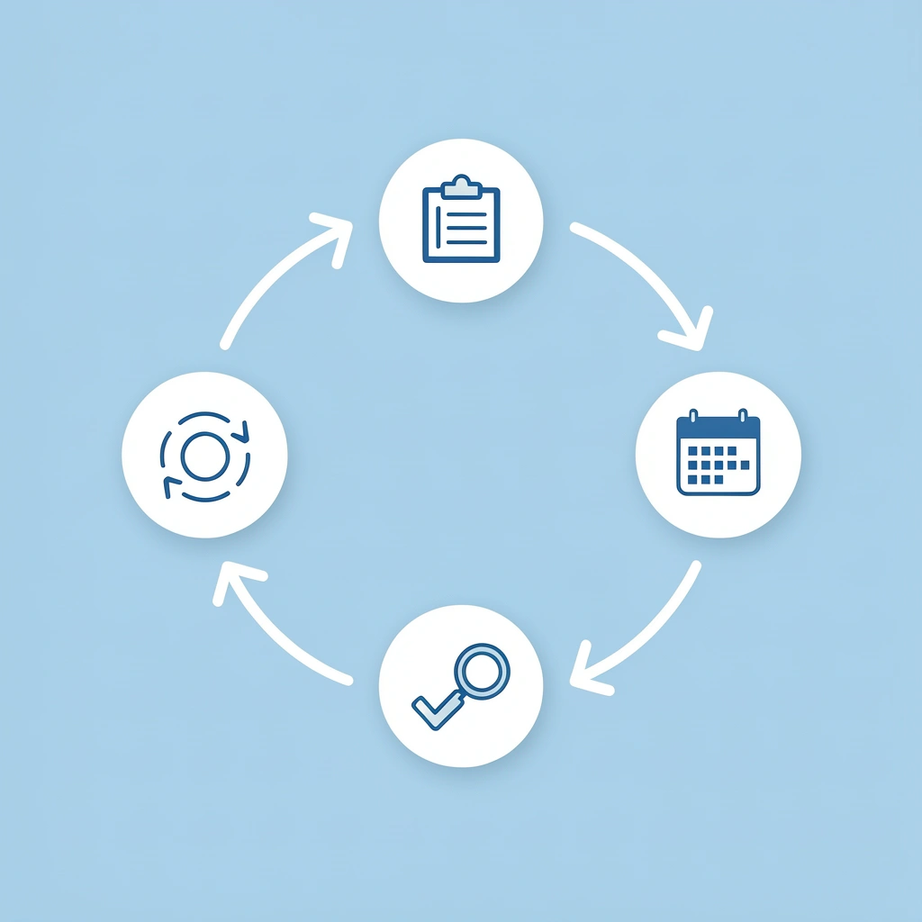 Circular cycle showing continuous rotation of bulletin board content every 2-3 weeks