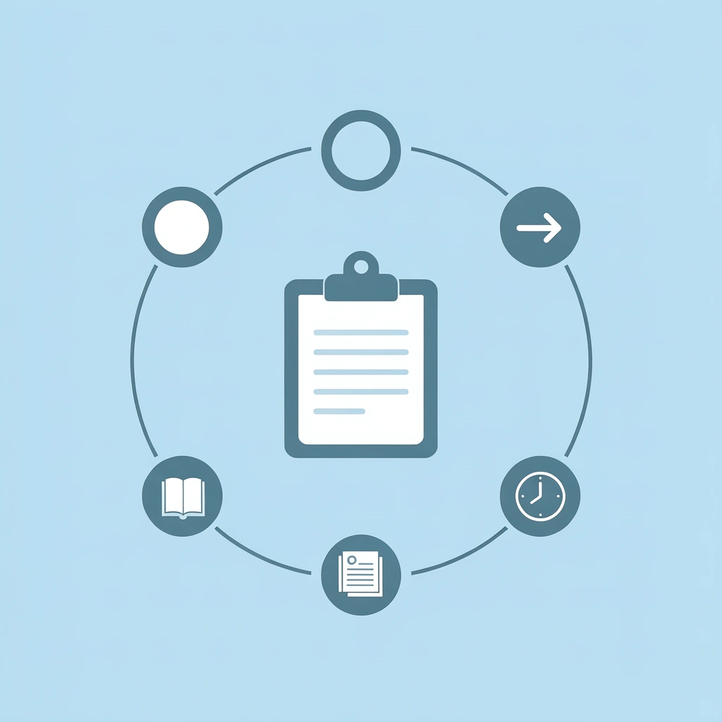 Central bulletin board icon connected to four surrounding icons representing classroom expectations, daily schedules, academic concepts, and visual supports