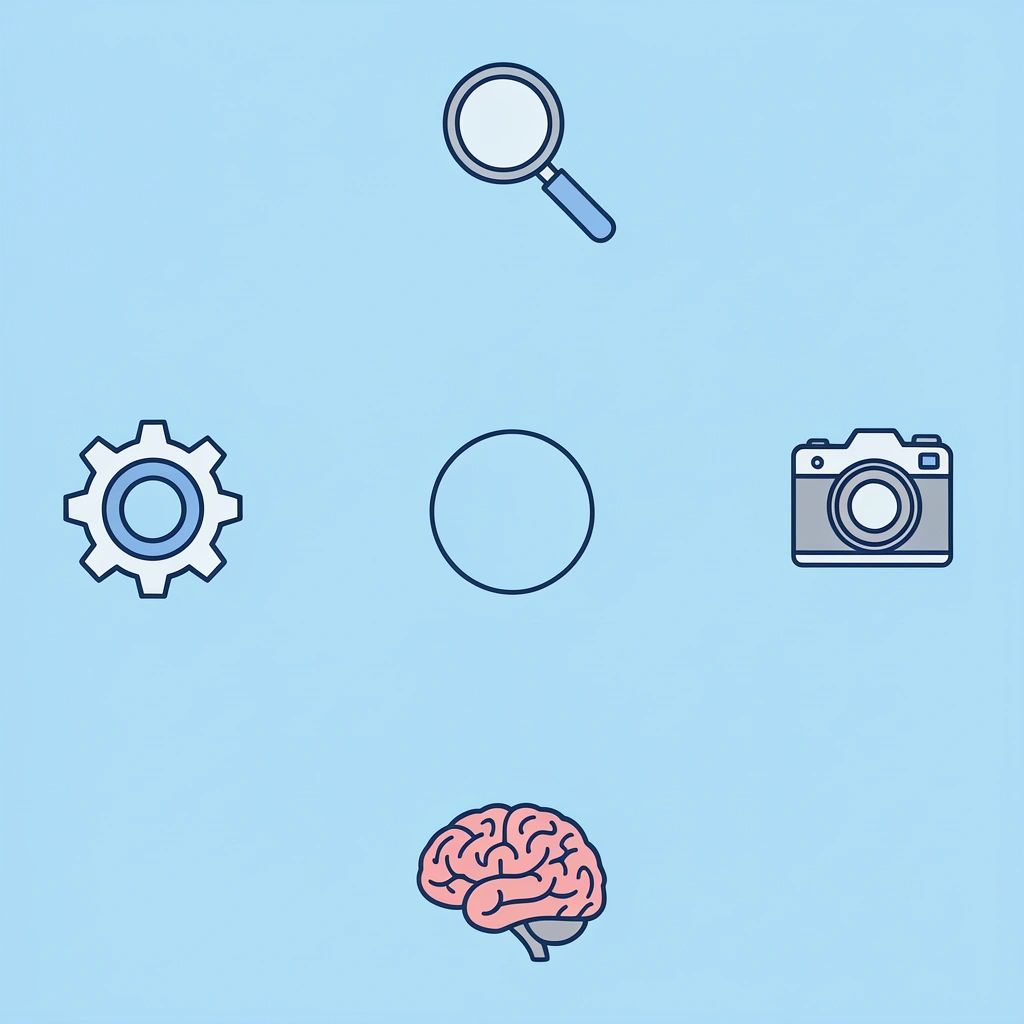 Compass with four icons at cardinal points representing sensory experiences, exploration, development, and observation