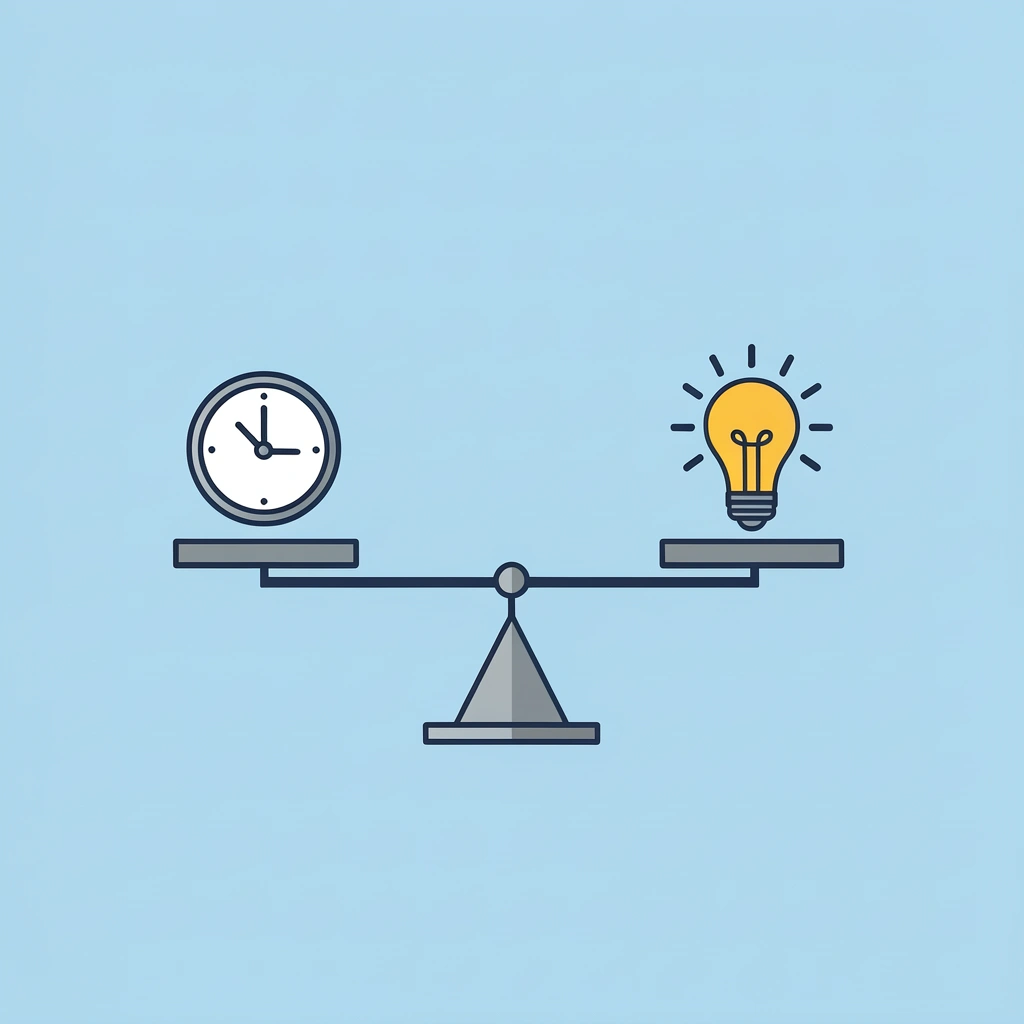 Balance scale showing minimal teacher preparation on one side balanced against maximum learning impact on the other