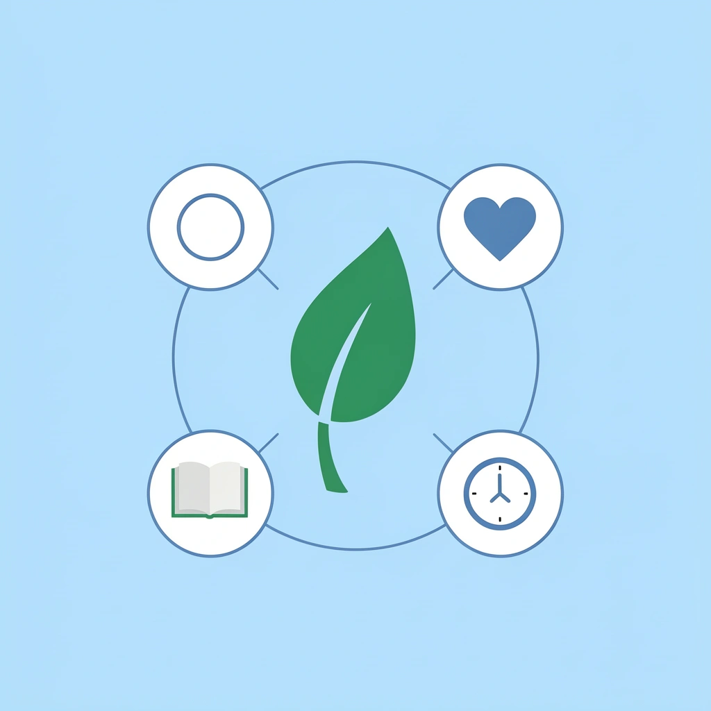 Central hub showing healthy snacks connected to four ingredient categories: fresh fruits, whole grains, proteins, and dairy