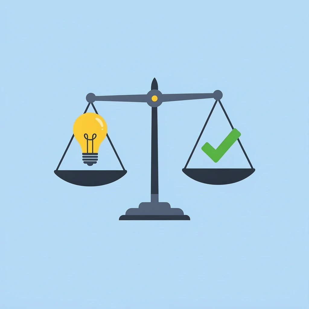 Balance scale showing creativity on one side and achievable execution on the other