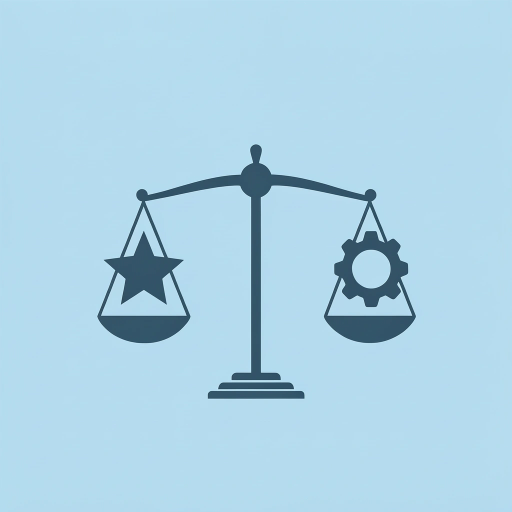 Balance scale showing complex, impressive crafts on one side, outweighed by simple, successful completion on the other