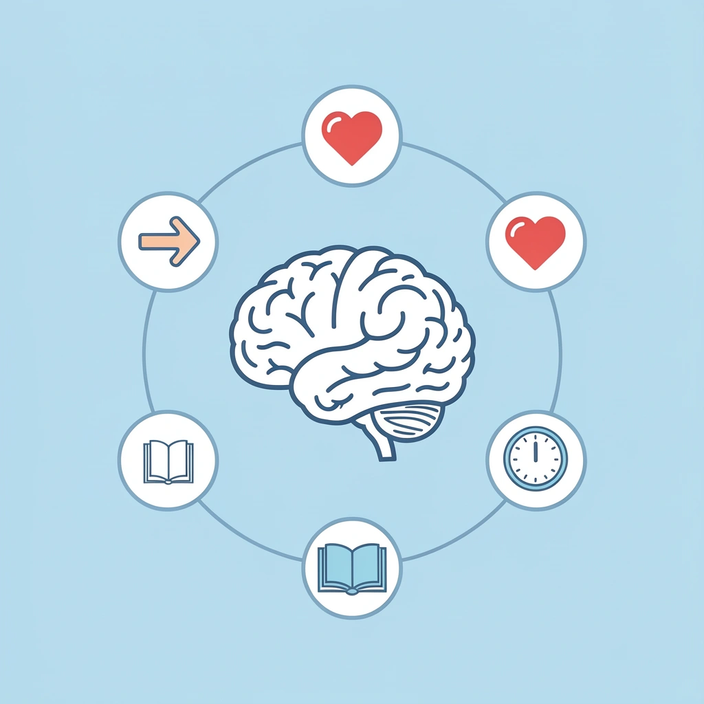 Central hub labeled 'Movement Learning' connected to four surrounding icons representing motor skills, sensory pathways, cognitive development, and learning retention