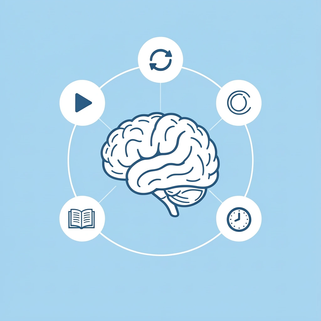 Central brain icon connected to four surrounding icons representing cognitive, physical, social, and sensory skills