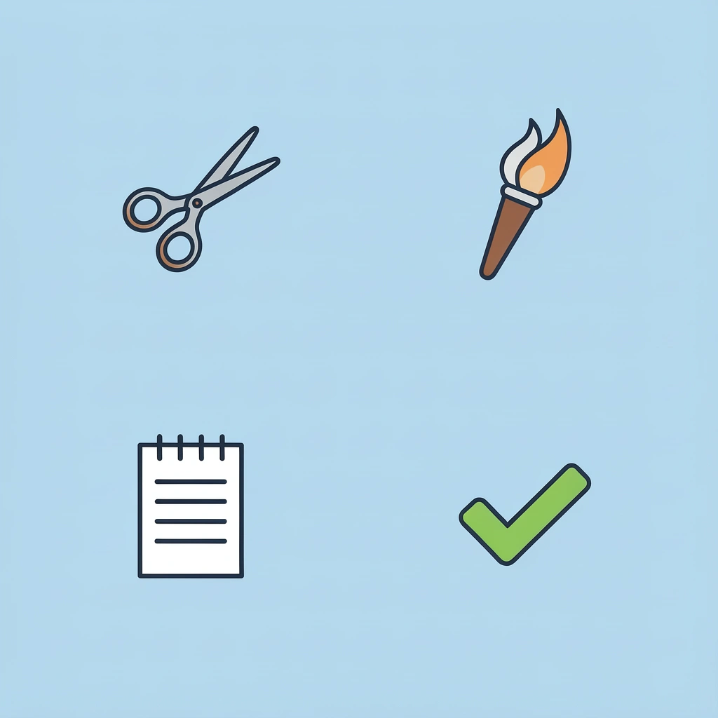 Four basic craft supplies: paper, crayons, scissors, and glue stick