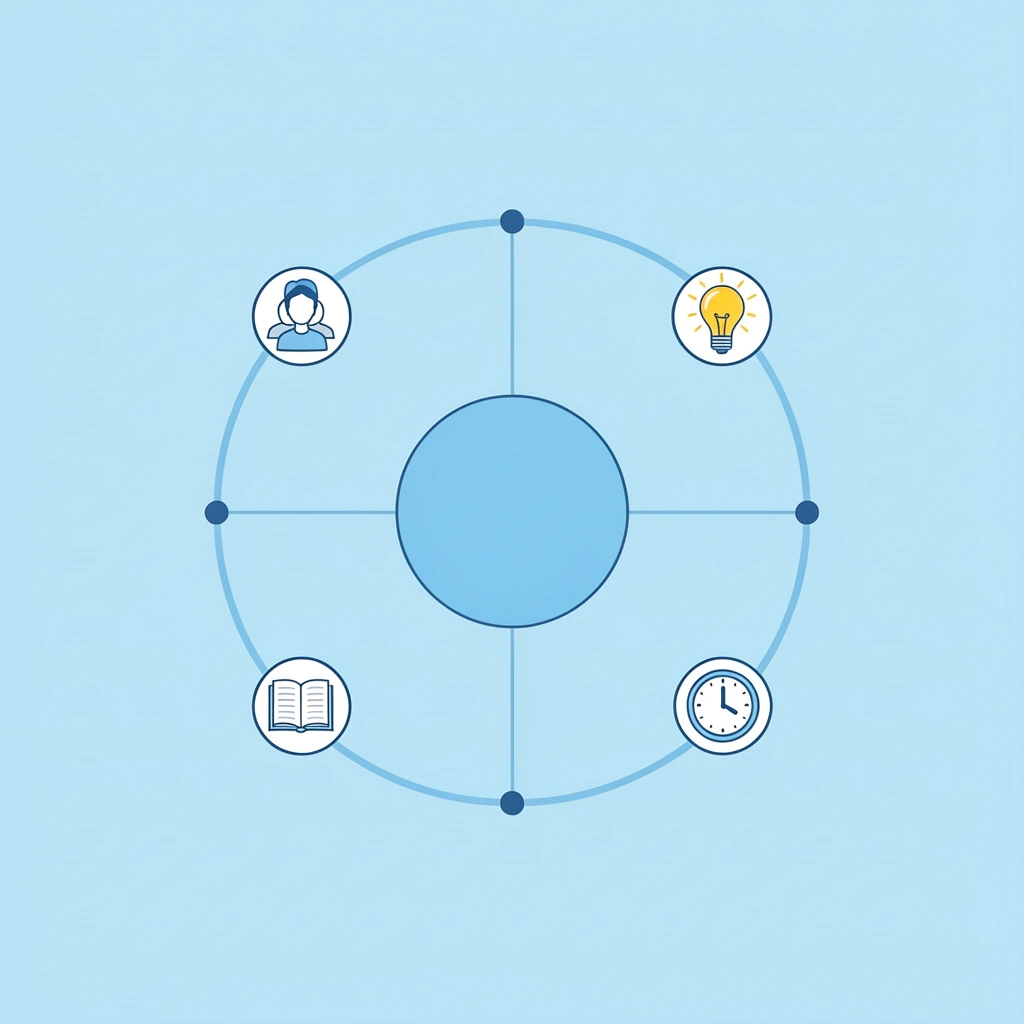 Central classroom hub connected to four learning zones: exploration, social interaction, developmental activities, and self-directed learning