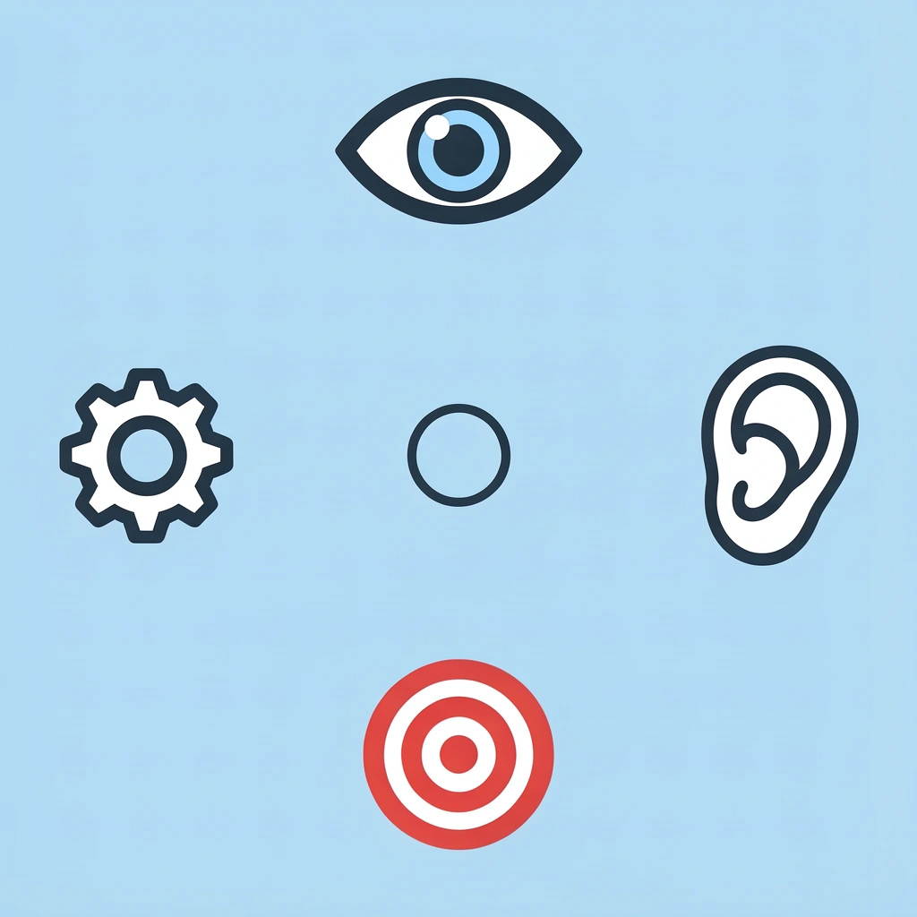 Four compass points showing See, Sound, Real Situations, and Movement as core sight word learning strategies