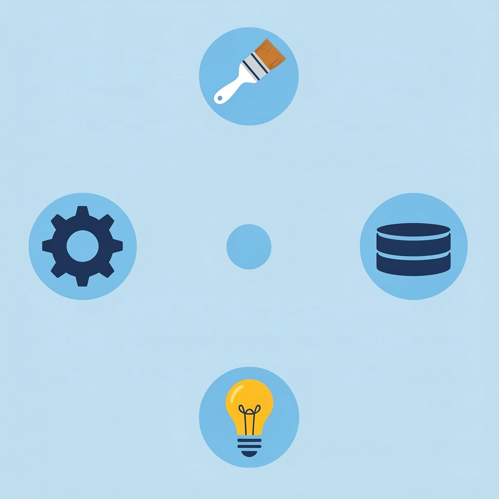Compass with four icons at cardinal points representing different materials, choices, immediate feedback, and balanced structure.