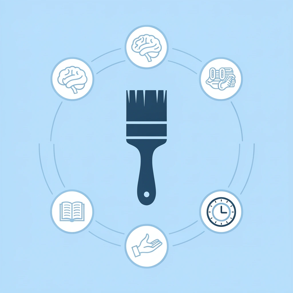 Central coloring activity icon connected to four educational benefit icons