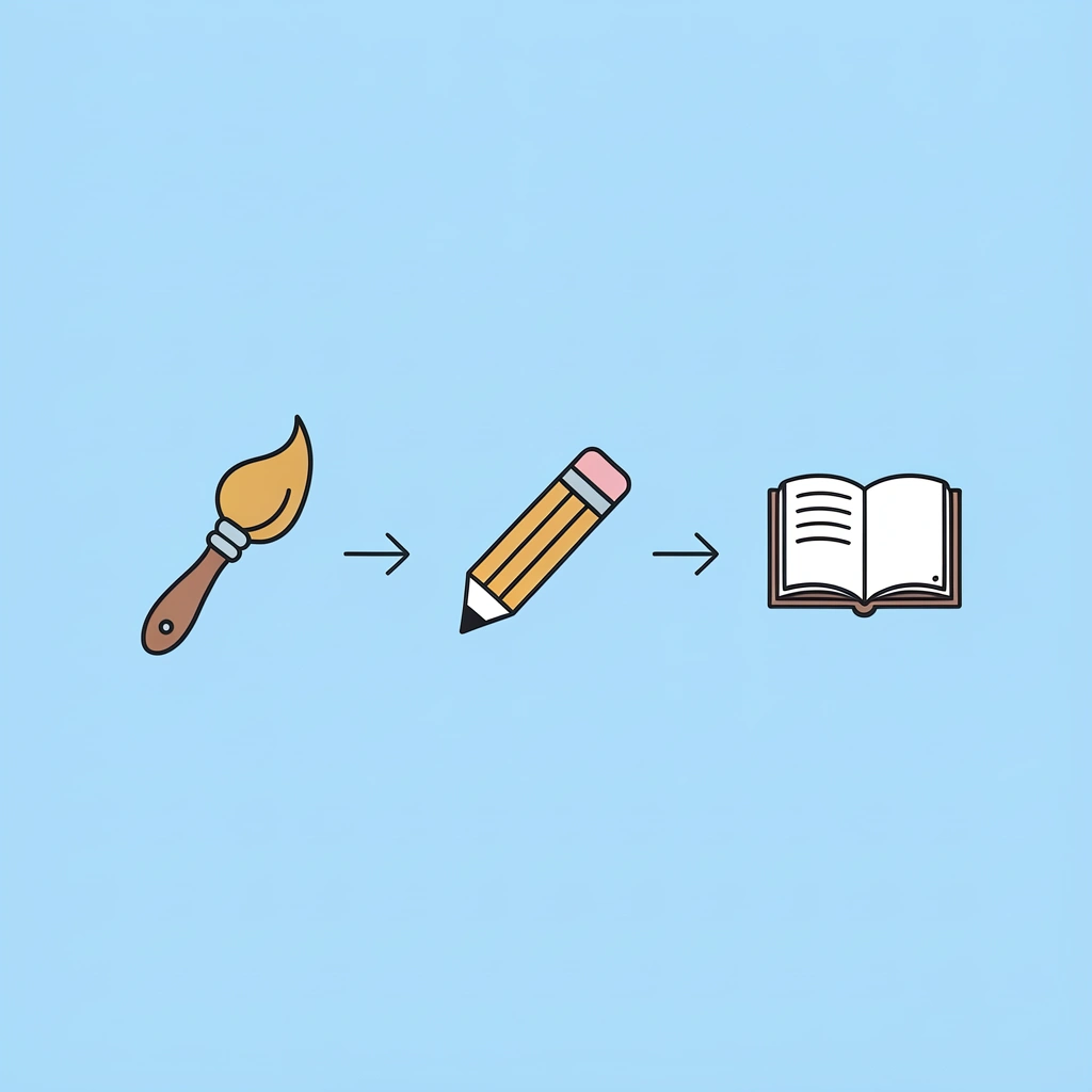 Three connected steps showing coloring, tracing, and word recognition progression
