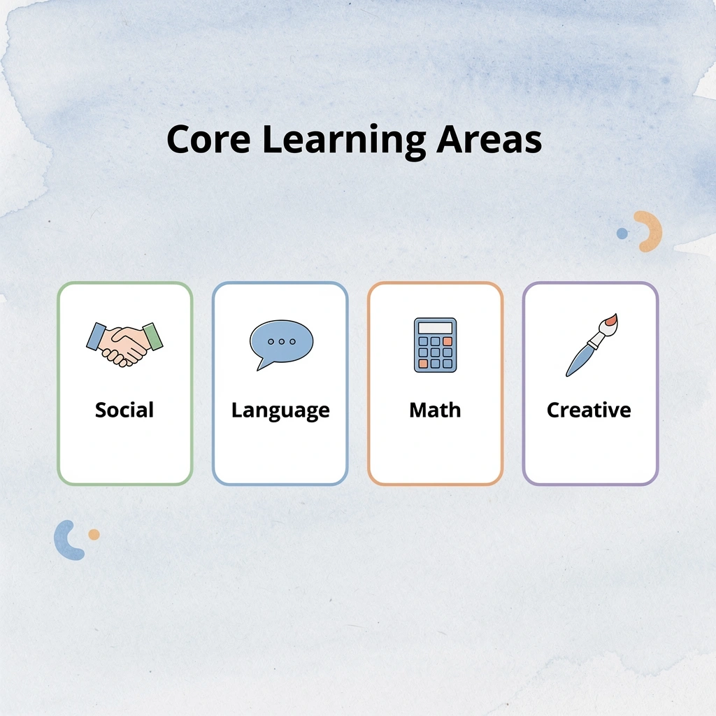 Infographic showing core learning areas in play-based preschool