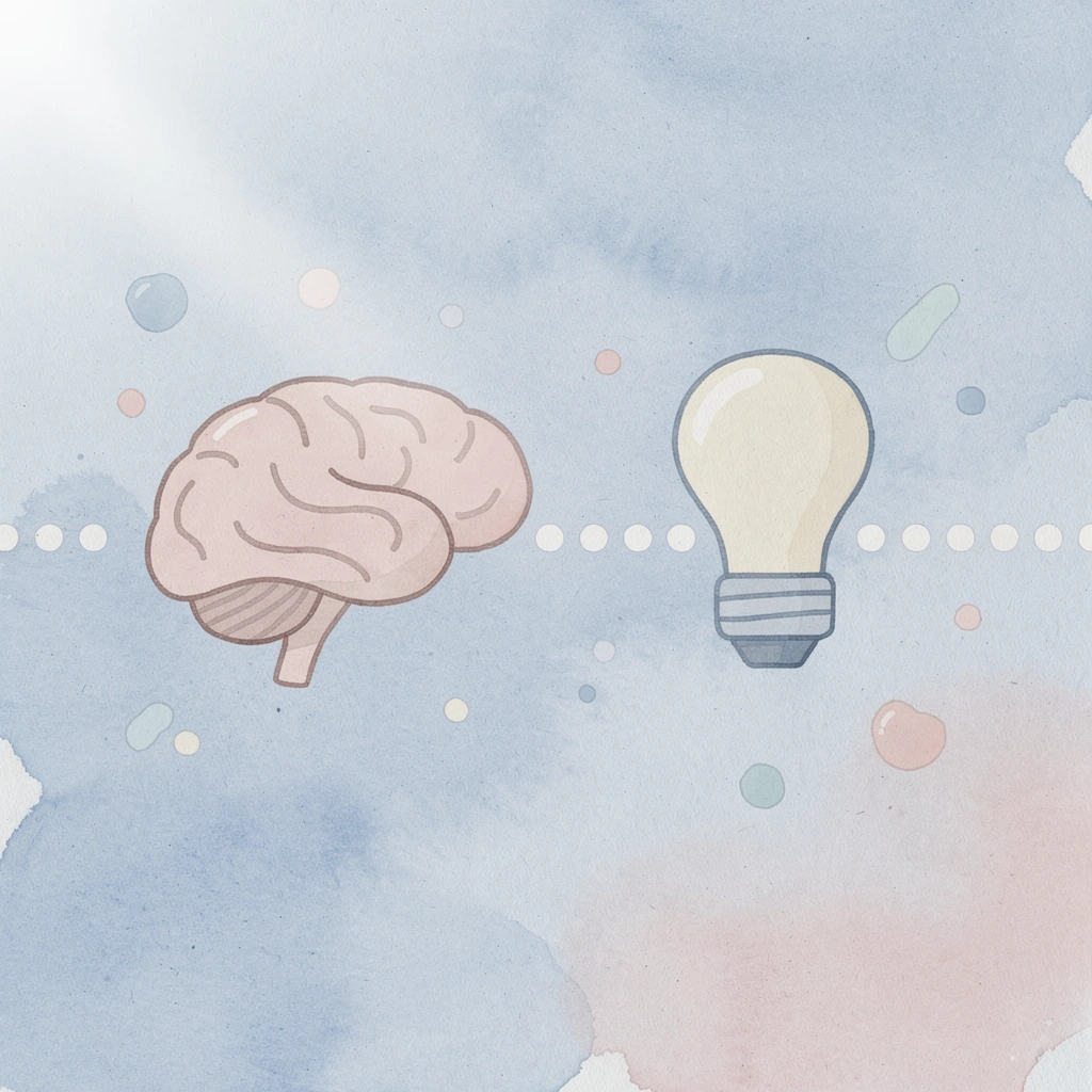 Eye and brain icons connected by a dotted line representing observation and memory connection