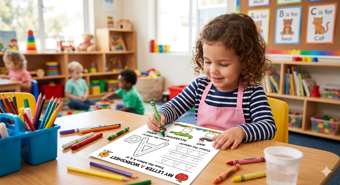 Kid Tracing on Sheet - Letter A Worksheets for Preschoolers